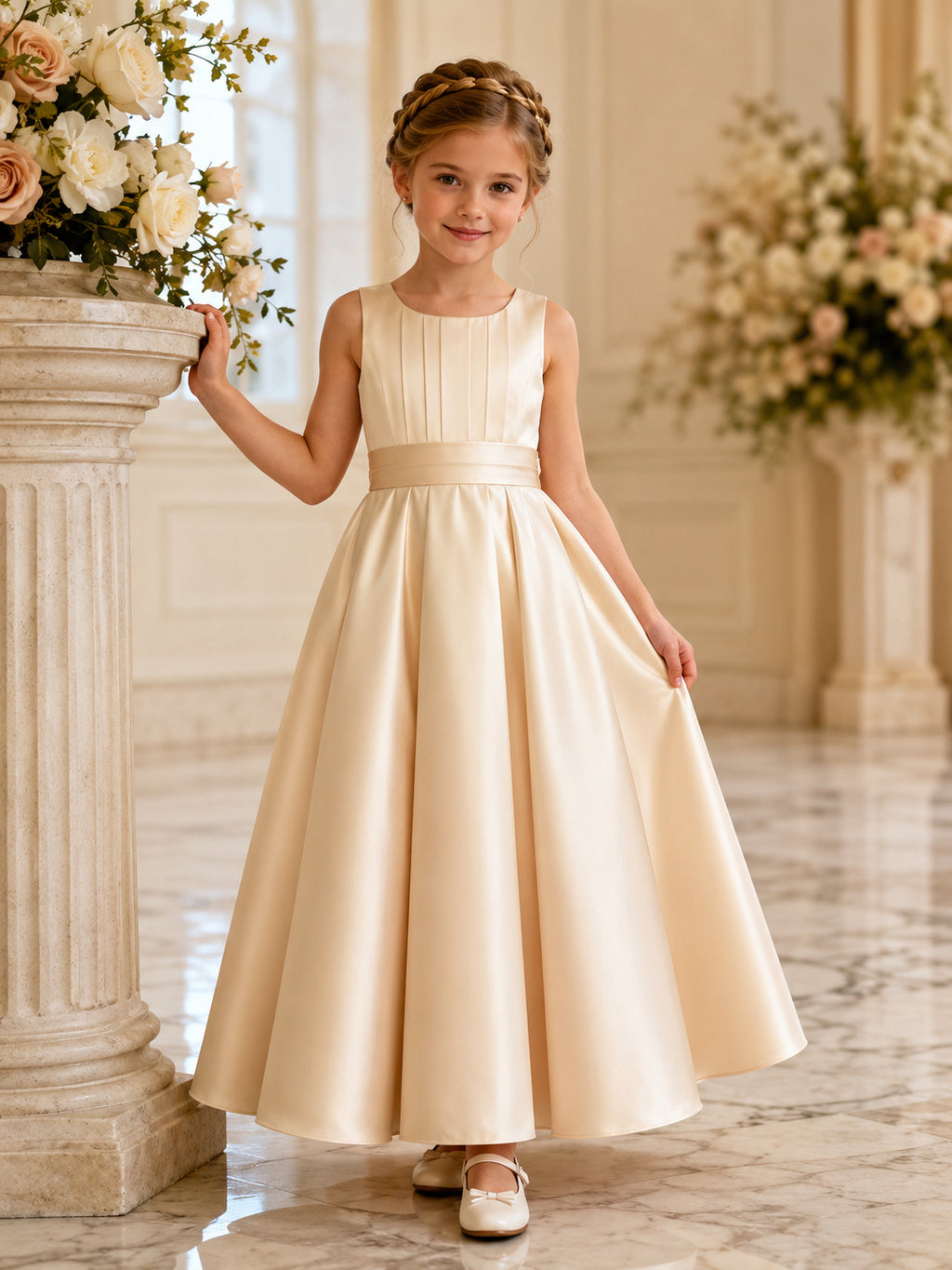 Classic Princess Ankle-Length A-Line Satin Scoop Neck Pleated Elegant Flower Girl Dress front view