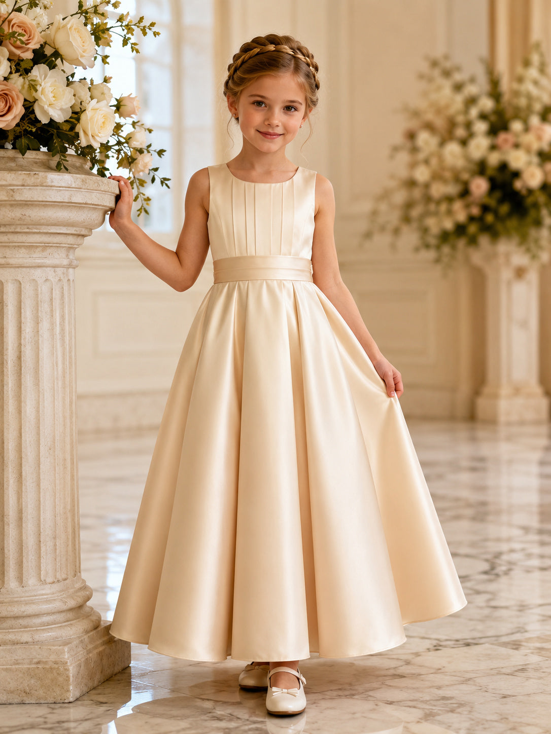 Classic Princess Ankle-Length A-Line Satin Scoop Neck Pleated Elegant Flower Girl Dress front view