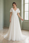 White Scoop Three-Quarter Sleeves A-Line Lace Floor-length Wedding Dress With Lace and Open Back and Open Back