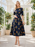 Navy Orange Blossom Print Bateau Three Quarter Sleeve Dress front view
