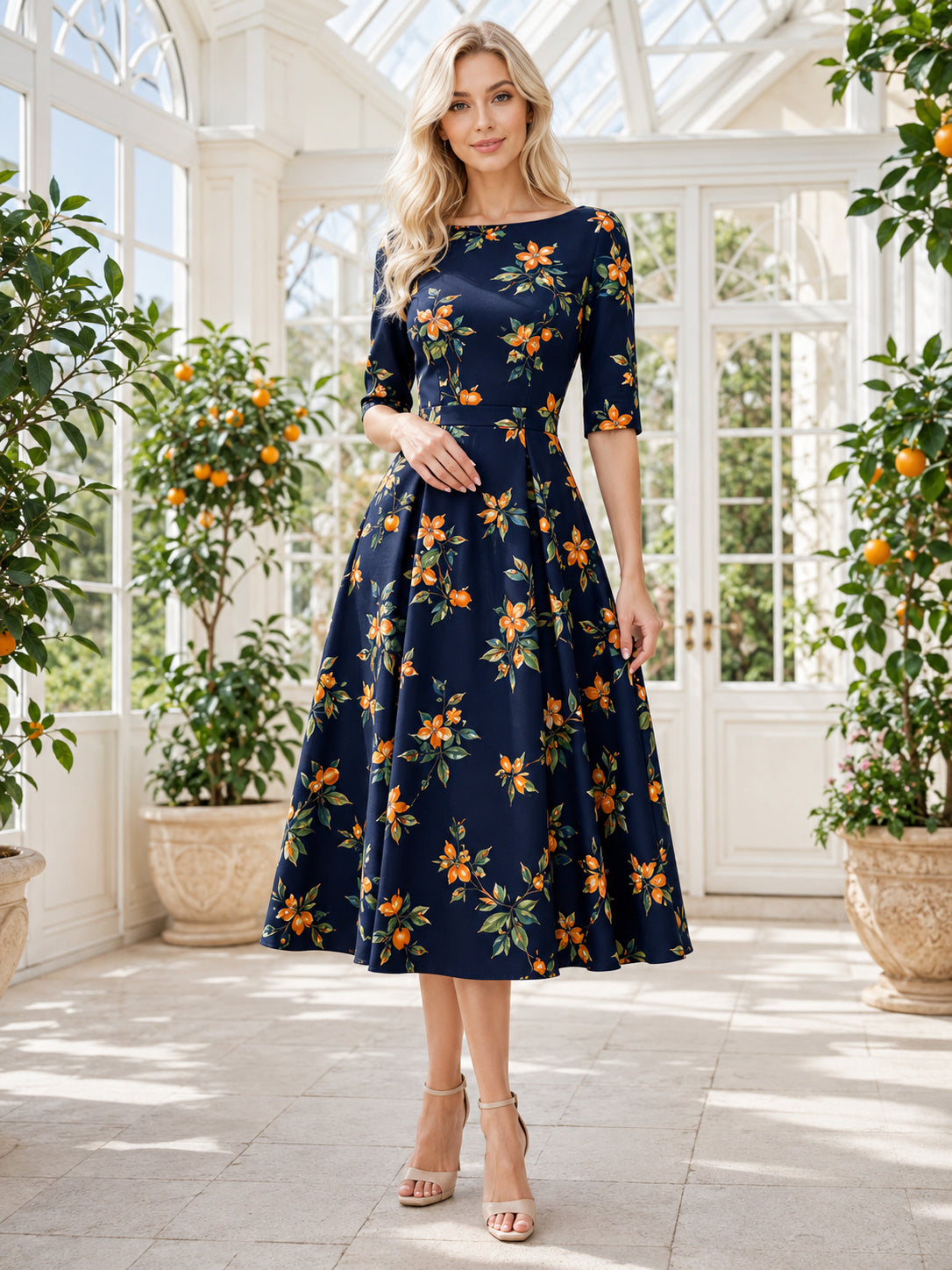 Navy Orange Blossom Print Bateau Three Quarter Sleeve Dress front view