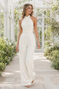 Ivory Halter Chiffon Bridal Jumpsuit with Open Keyhole Back front view