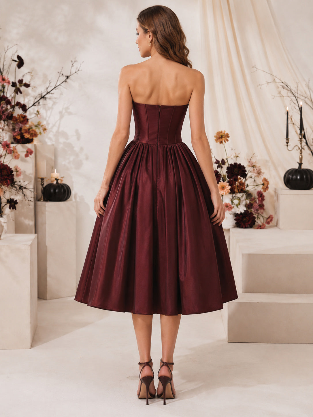 Burgundy Strapless Corset Satin Full Tea Length Guest Dress back view