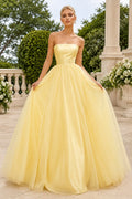 Daffodil Strapless Satin and Tulle Ball Gown with Full Floor-Length Skirt front view