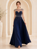 Dark Navy Cap Sleeve Pearl A-Line Formal Dress front view
