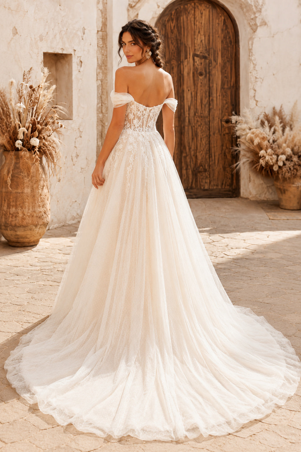 Ivory Off-the-Shoulder Corset A-Line Wedding Dress with Soft Tulle Sweep Train back view