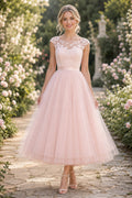 Blushing Pink Lace Cap Sleeve Tea-Length Wedding Dress with Tulle Skirt Style MG_300524 front view