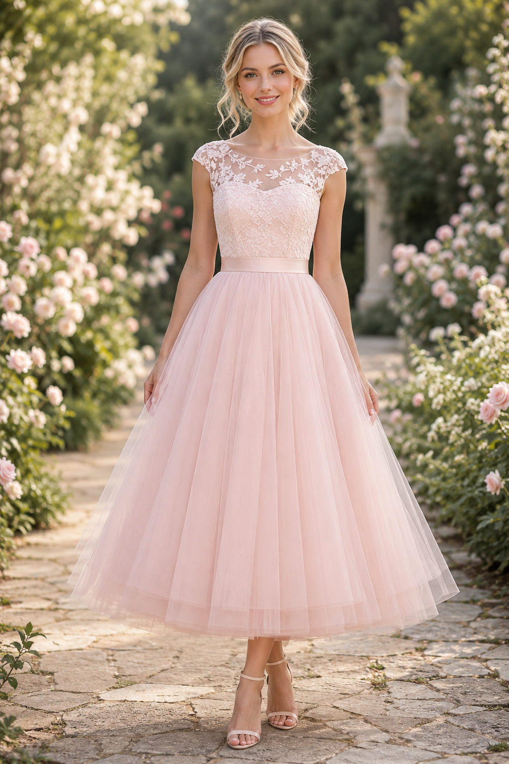 Blushing Pink Lace Cap Sleeve Tea-Length Wedding Dress with Tulle Skirt Style MG_300524 front view