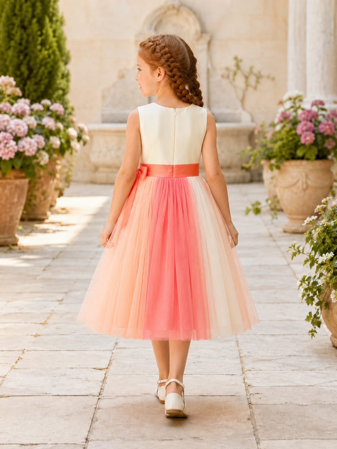 Watermelon Color Block A-Line Tulle Flower Girl Dress, Sleeveless Jewel Neck, Sash Ribbon, Tea-Length Reception back view