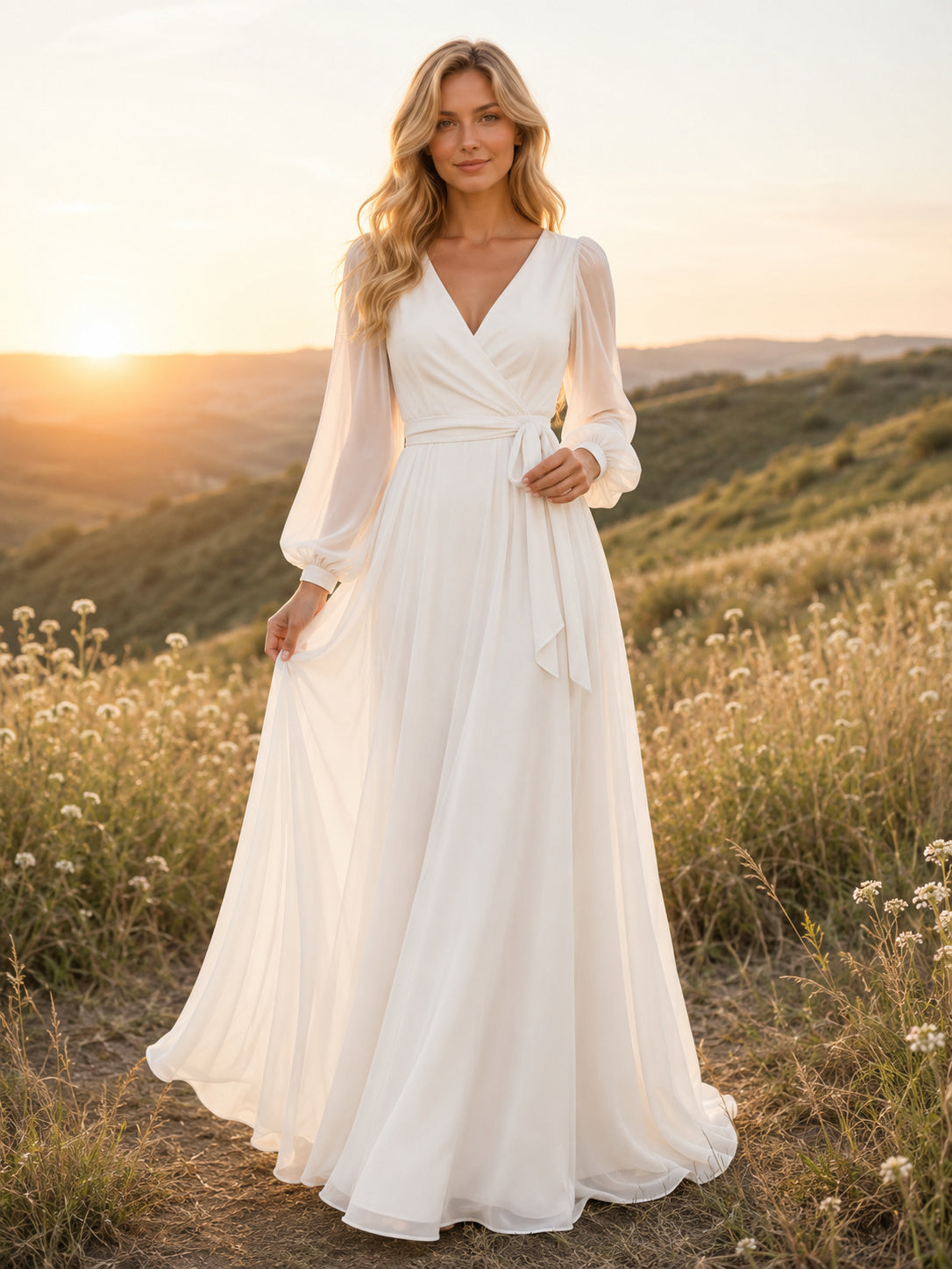 Long Sleeve Wrap Chiffon Hillside Meadow Elopement Dress front view