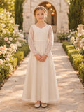 Modest A-Line Flower Girl Dress with V-Neck Long Sleeves Ivory Chiffon Tulle Court Ceremony front view