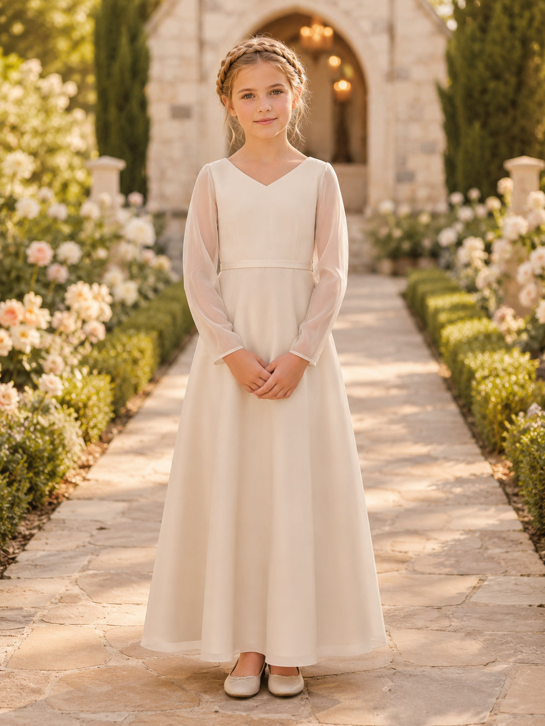 Modest A-Line Flower Girl Dress with V-Neck Long Sleeves Ivory Chiffon Tulle Court Ceremony front view