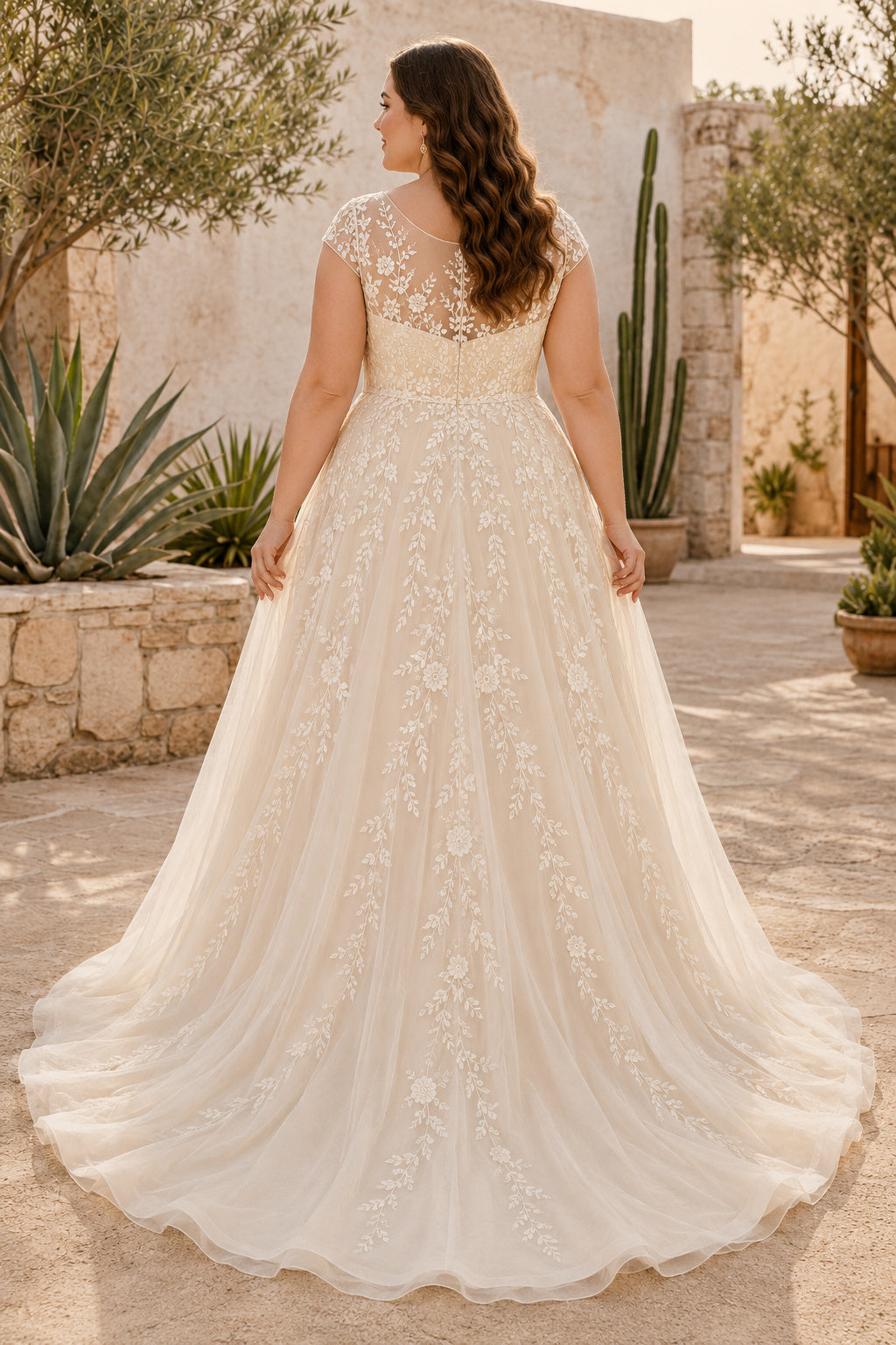 Plus Size Ivory Cap Sleeve Lace A-Line Wedding Dress with Chapel Train back view