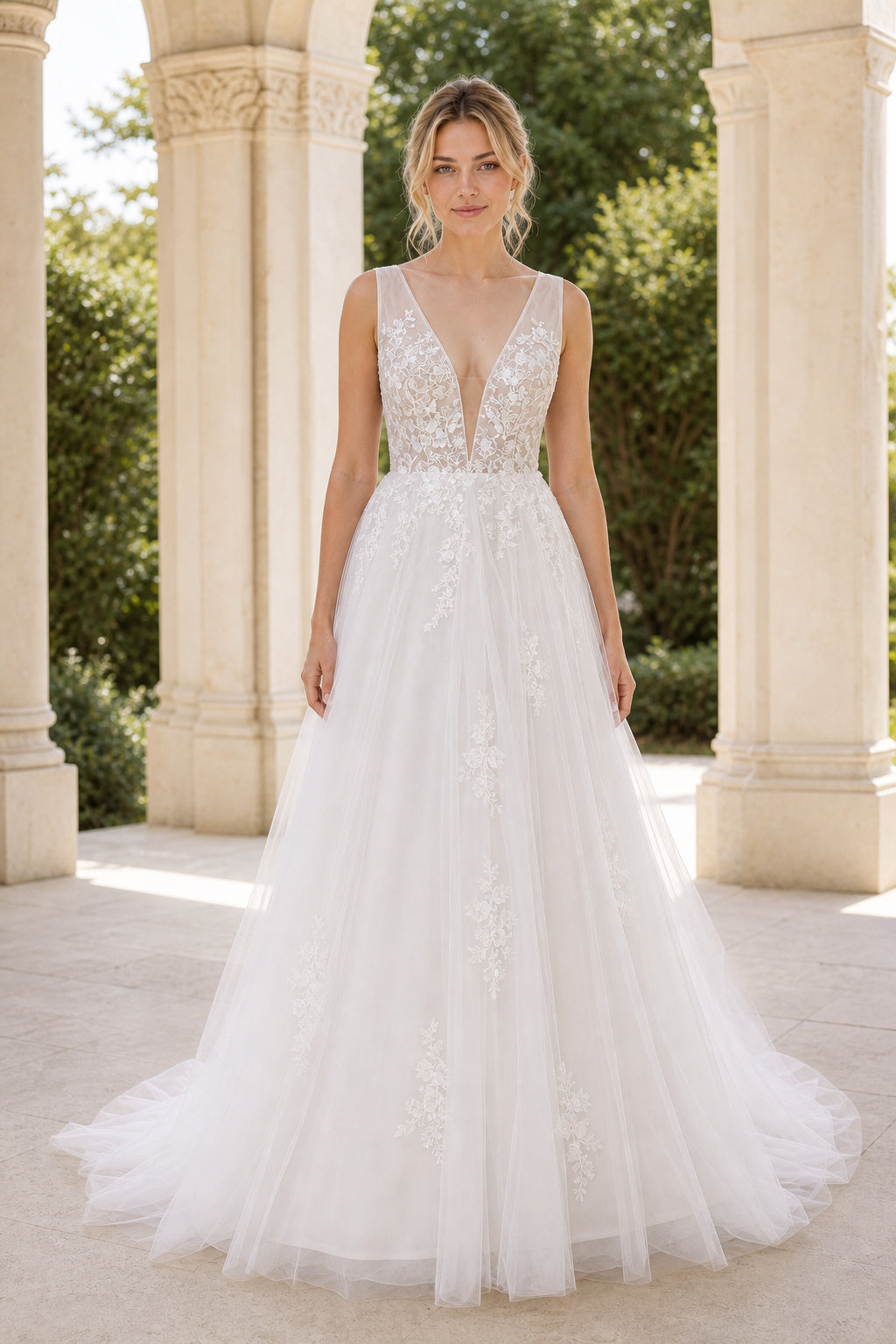 White Halter A-Line Chiffon Floor-length Wedding Dress With Layered Skirt and Beaded Bodice and Open Back