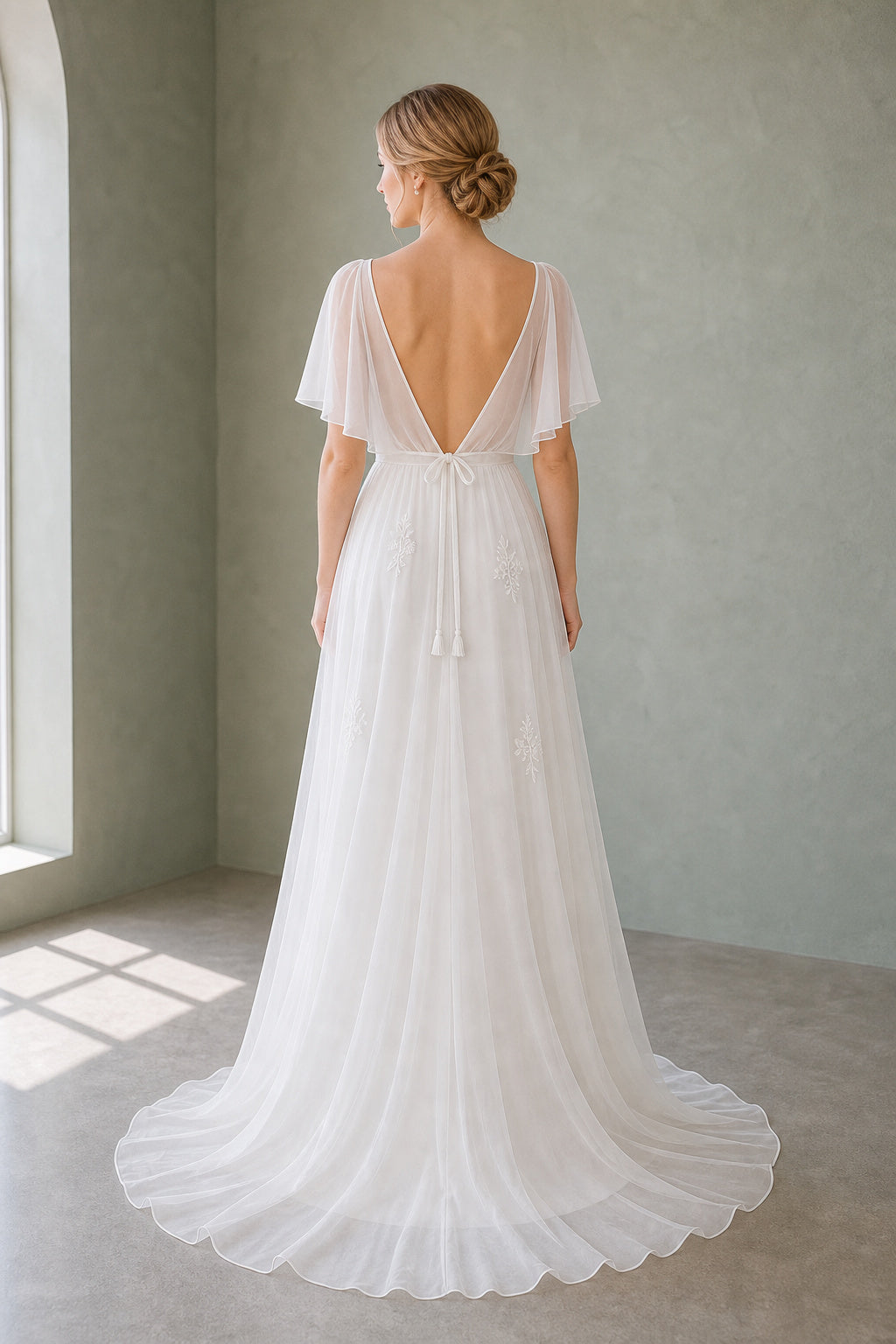 White Sweetheart A-Line Crepe Floor-length Wedding Dress With Beaded Waist and Floral Appliques and Open Back