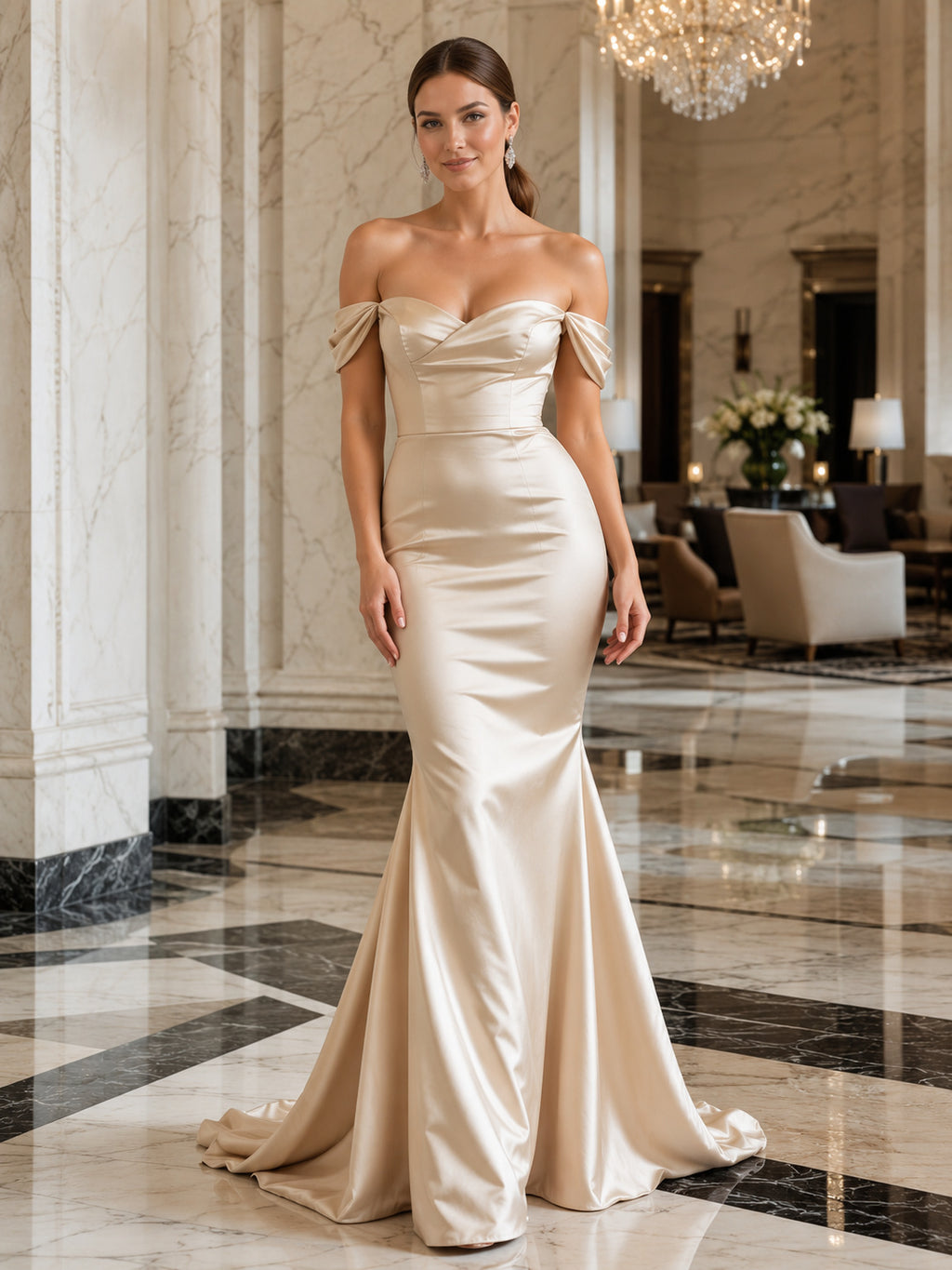 Champagne satin off shoulder mermaid hotel event gown front view