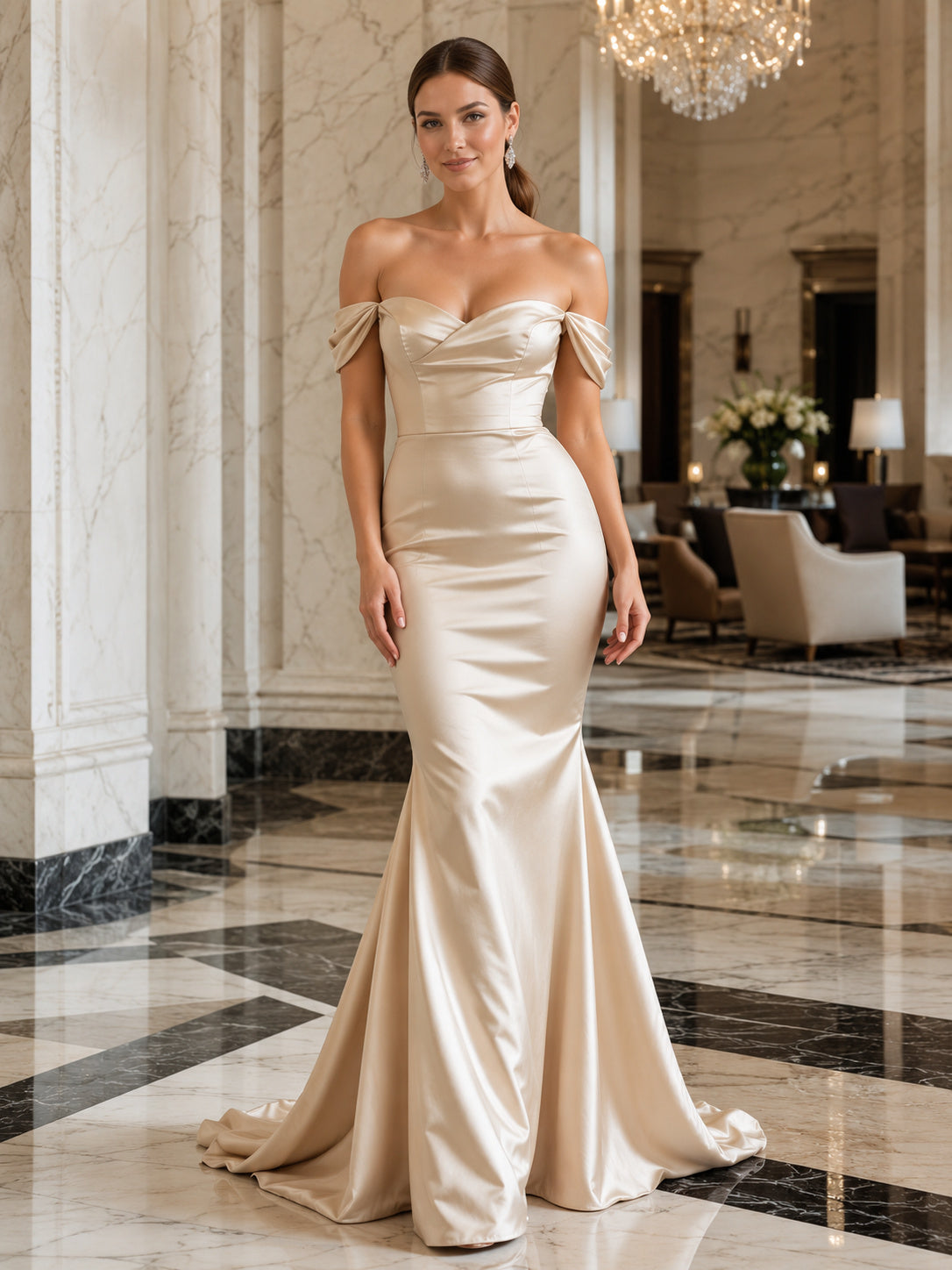 Champagne satin off shoulder mermaid hotel event gown front view