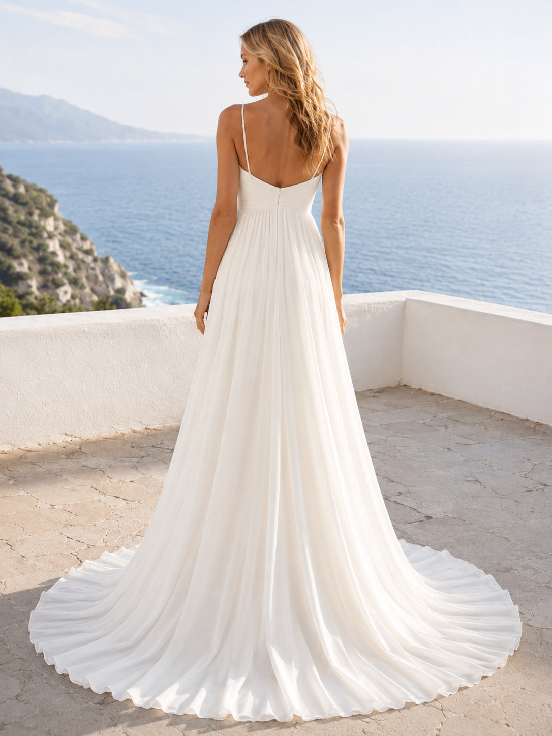 Ethereal V Neck Chiffon Wedding A Line Empire Strap Chapel Train back view