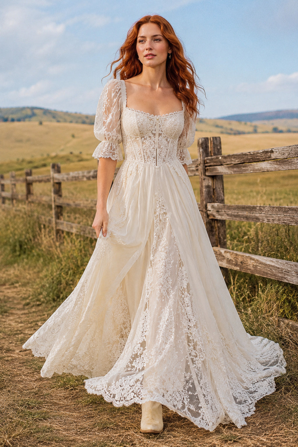 Square Neck Puff Sleeve A-Line Wedding Dress with Lace Overlay and Full Train for Rustic Garden Ceremony front view