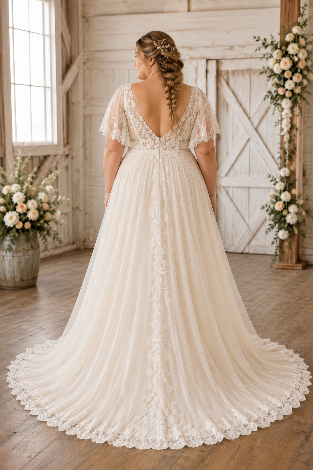 Ivory Plus Size V-Neck Lace A-Line Wedding Dress with Flutter Sleeves and Full Train back view