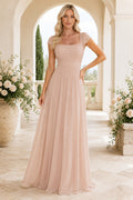 Blushing Pink Square Neck Chiffon A-Line Bridesmaid Dress with Cap Sleeves and Pleated Skirt front view
