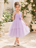 A-Line Lavender Tulle Flower Girl Dress Spaghetti Neckline Tea-length and A Satin Sash And Bow Accent front view