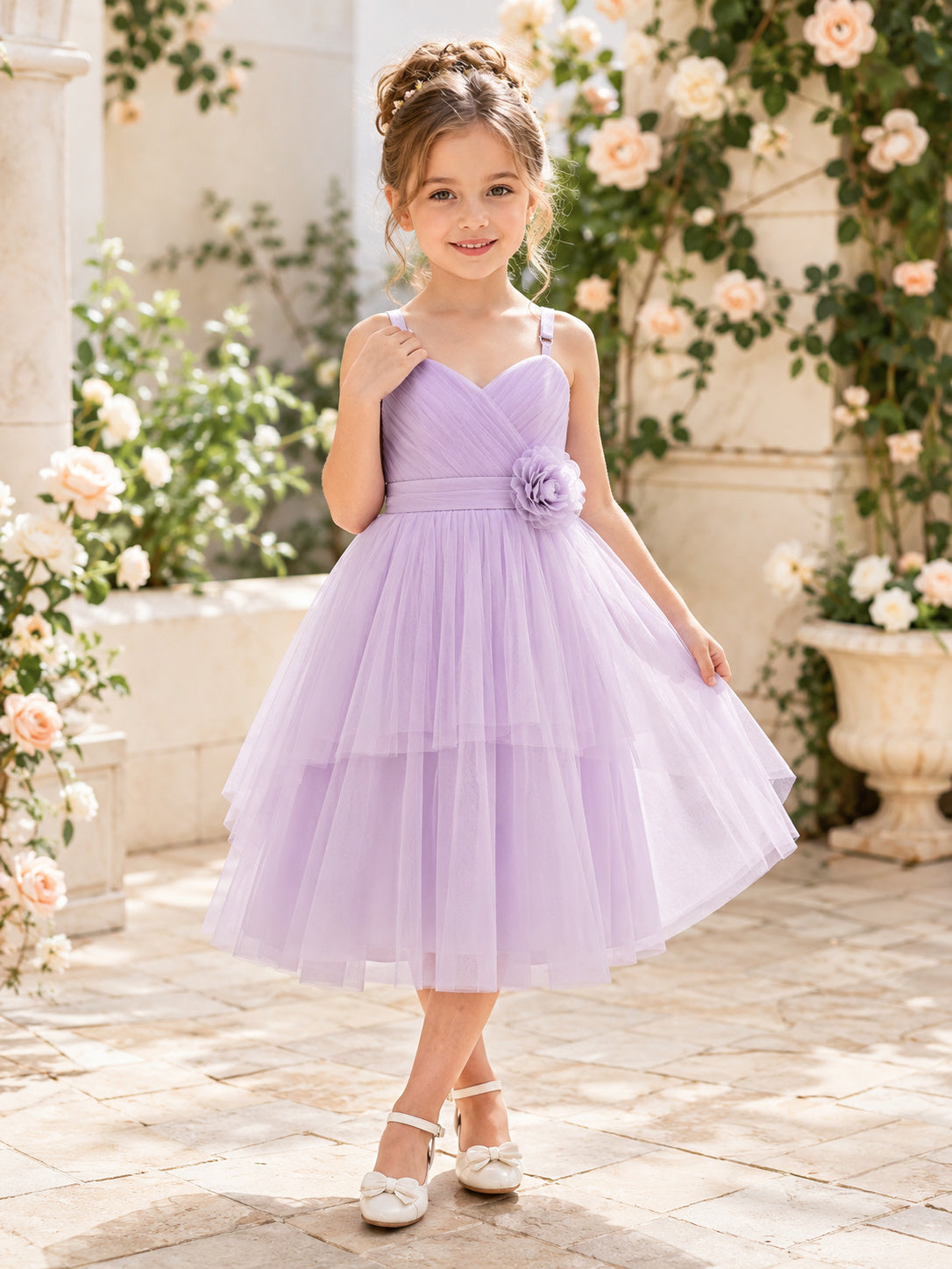 A-Line Lavender Tulle Flower Girl Dress Spaghetti Neckline Tea-length and A Satin Sash And Bow Accent front view
