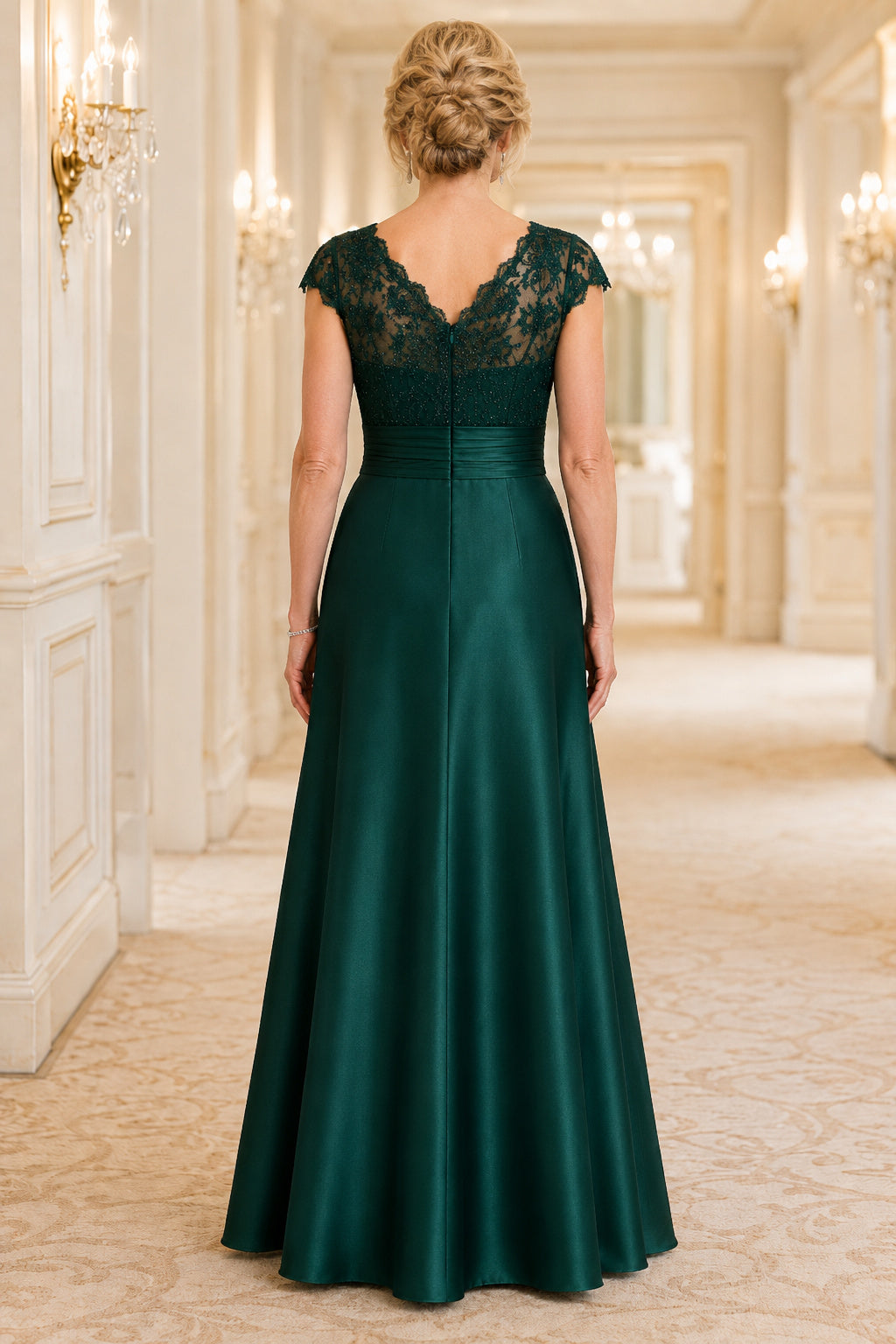 Dark Green Satin A-Line Mother Dress with Lace Cap Sleeves and V-Neck Bodice back view