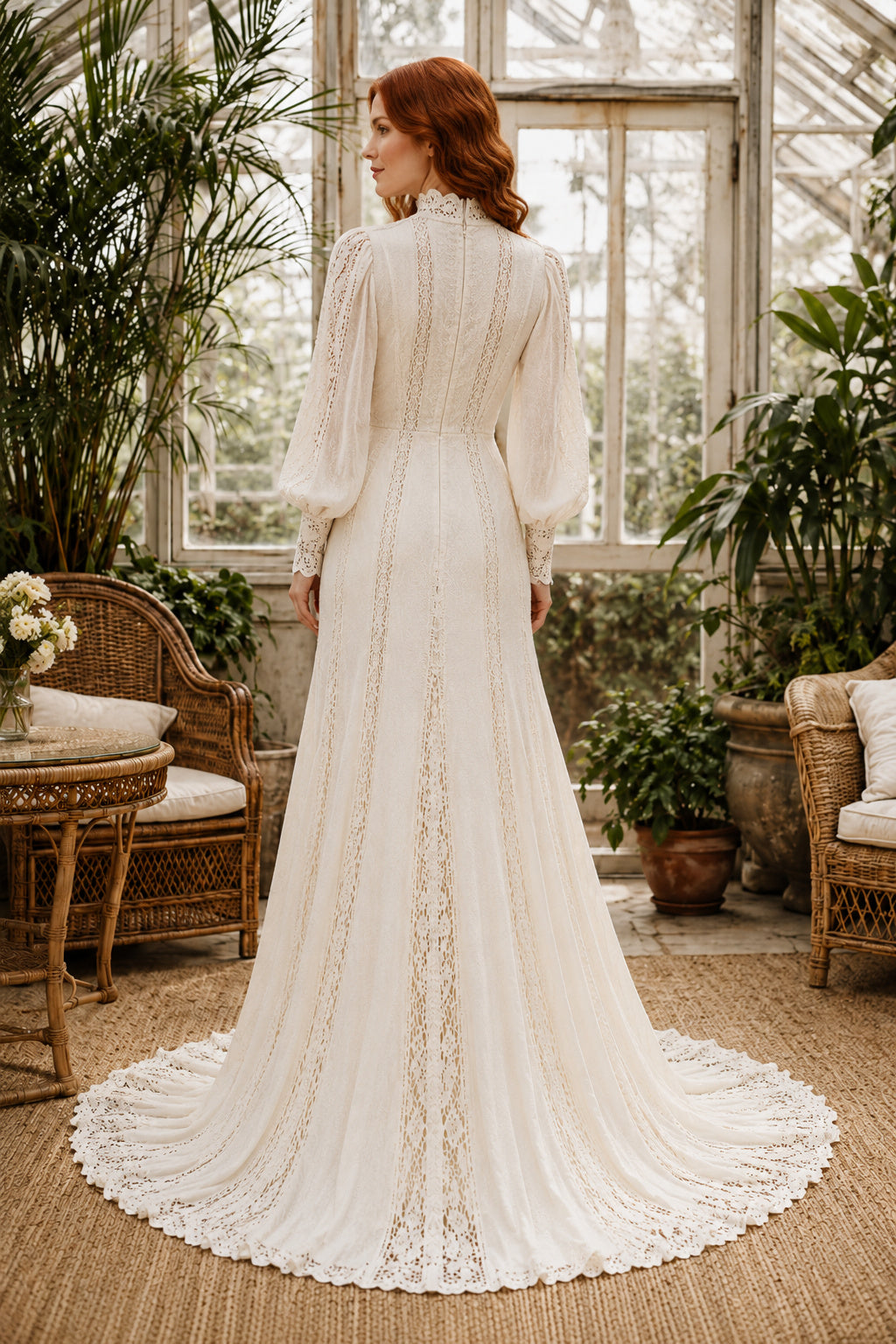 Ivory High Neck Long Poet Sleeve Chiffon A-Line Wedding Dress for Wedding Ceremony and Reception back view