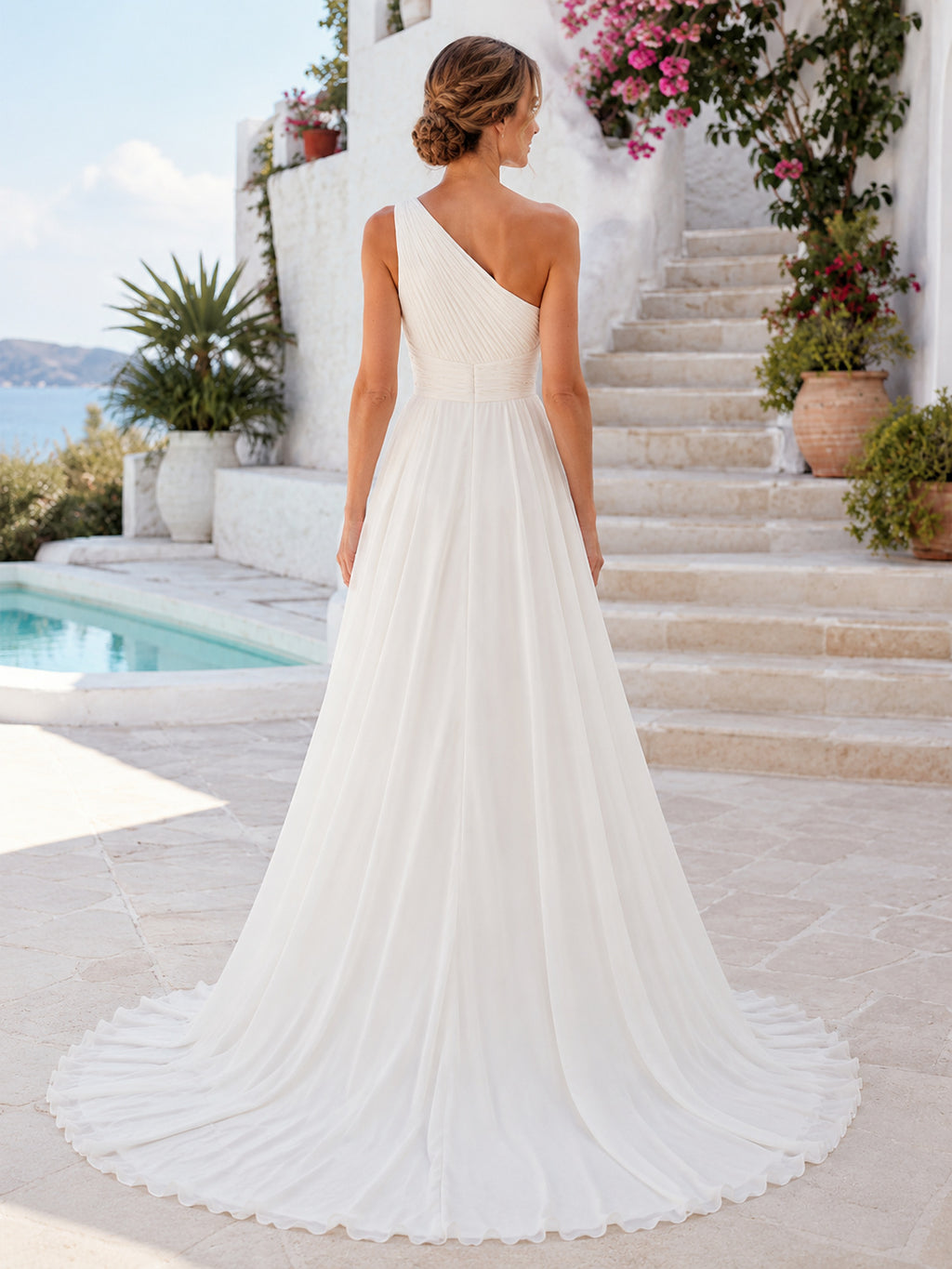 Chiffon Wedding Dress A-Line One Shoulder Sleeveless Sweep Train Bridal Gown Style 722644 back view