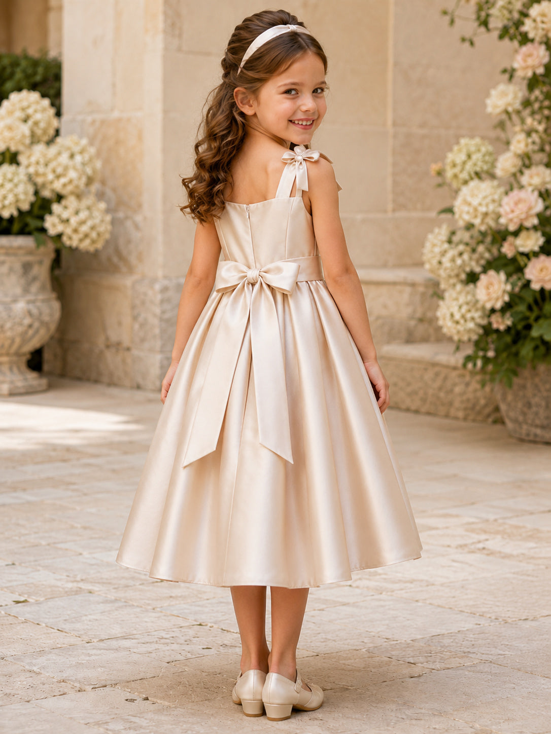 Champagne Satin Spaghetti Tea-Length A-Line Flower Girl Garden Wedding Dress With Bow back view