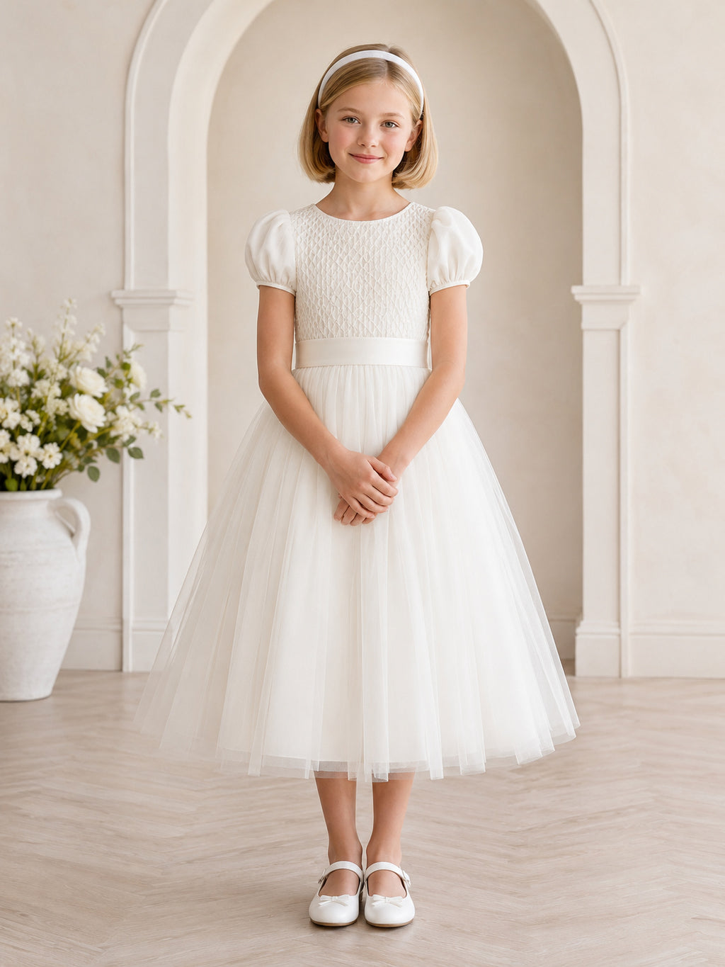 White Smocked Tulle Jewel Neck Short Puff Sleeve Smocked Bodice Ankle Length Communion Flowergirl Dress front view