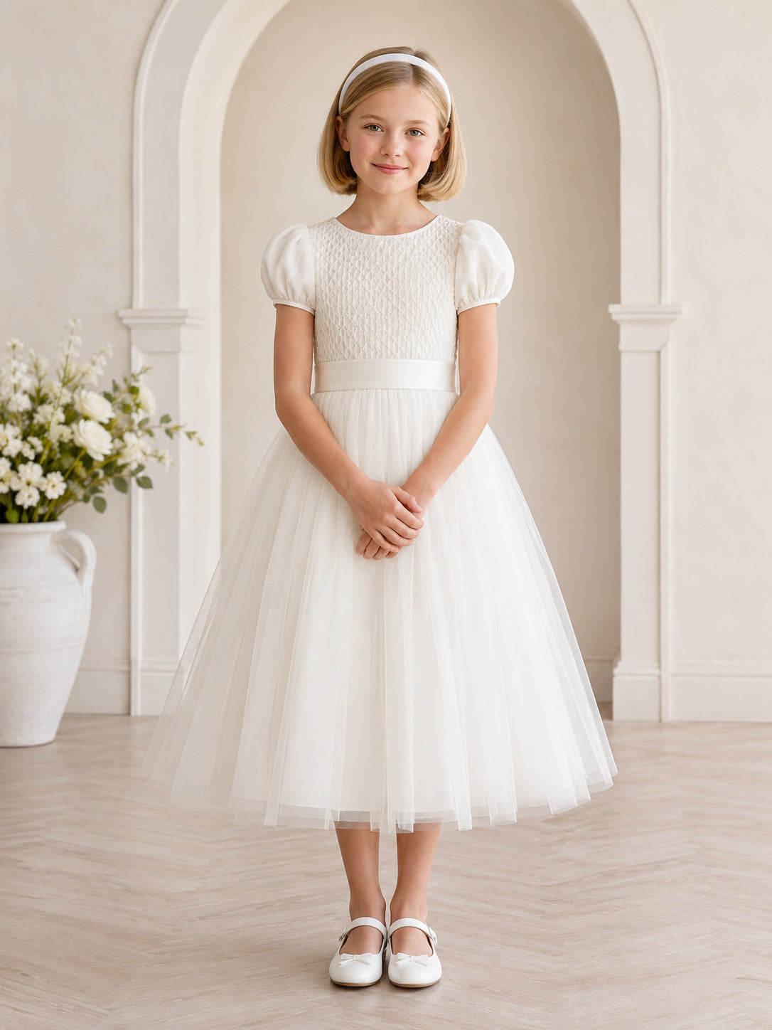 White Smocked Tulle Jewel Neck Short Puff Sleeve Smocked Bodice Ankle Length Communion Flowergirl Dress front view