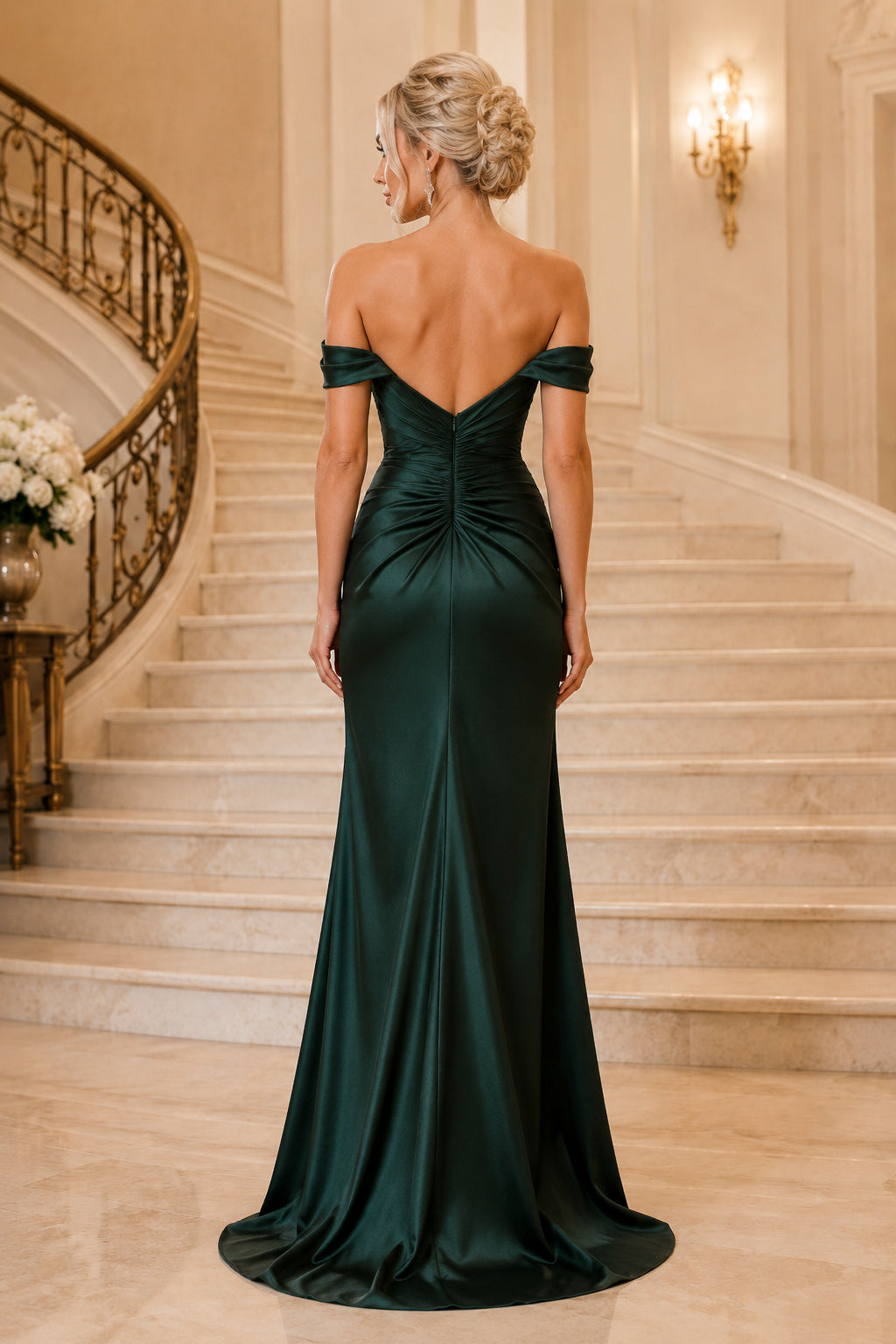 Evening Gown Dark Green Satin Mermaid Off Shoulder Short Sleeve Ruched Sweep Train back view