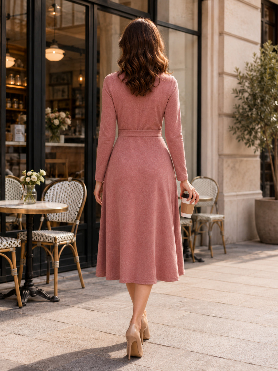 Dusty Rose Long Sleeve Wrap Knit Midi Coffee Date Dress back view