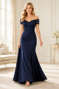 Dark Navy Off-the-Shoulder Satin Mermaid Mother Dress with Lace Sleeves and Back front view