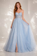 Sky Blue Strapless Glitter Tulle Ball Gown Prom Dress with Front Slit front view