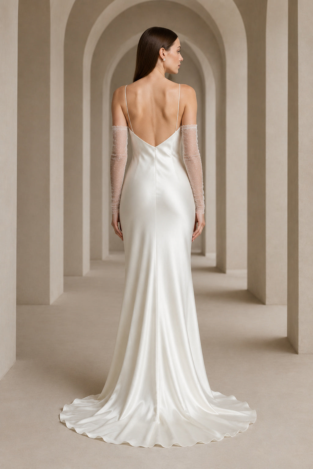Ivory Halter Satin Sheath Wedding Dress with Scarf Neckline back view