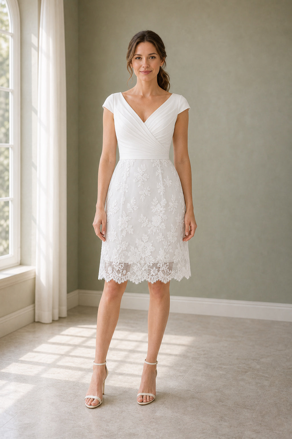 White V-neck Cap Sleeves Sheath Lace Knee-length Dress With Lace Hem and Open Back