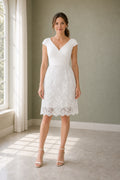 White V-neck Cap Sleeves Sheath Lace Knee-length Dress With Lace Hem and Open Back