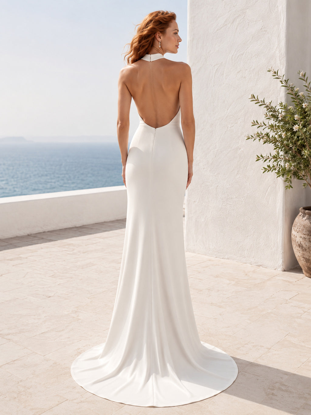 Minimal Halter High Neck Sleeveless Satin Sheath Backless Destination Wedding Gown back view