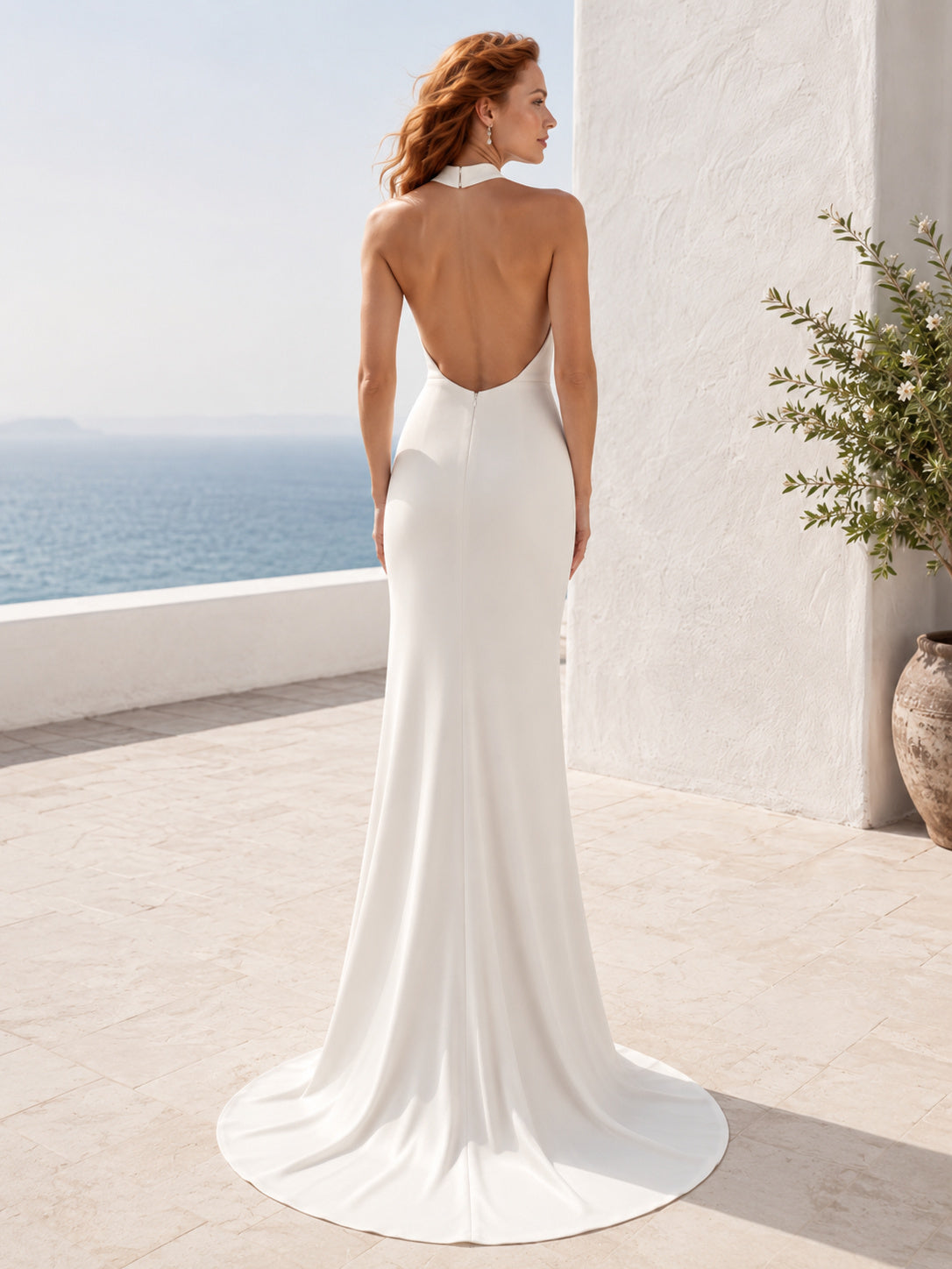 Minimal Halter High Neck Sleeveless Satin Sheath Backless Destination Wedding Gown back view