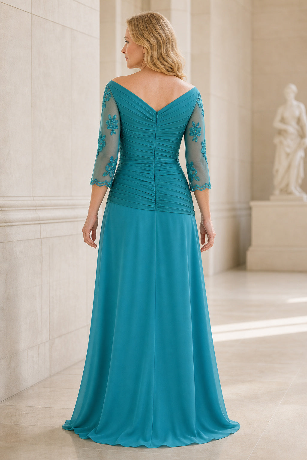 Turquoise V-neck Three-Quarter Sleeve A-Line Chiffon Floor-Length Dress With Lace Bodice