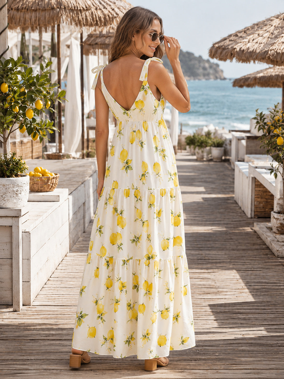 Lemon Print V-Neck Spaghetti Strap Resort Maxi Dress back view