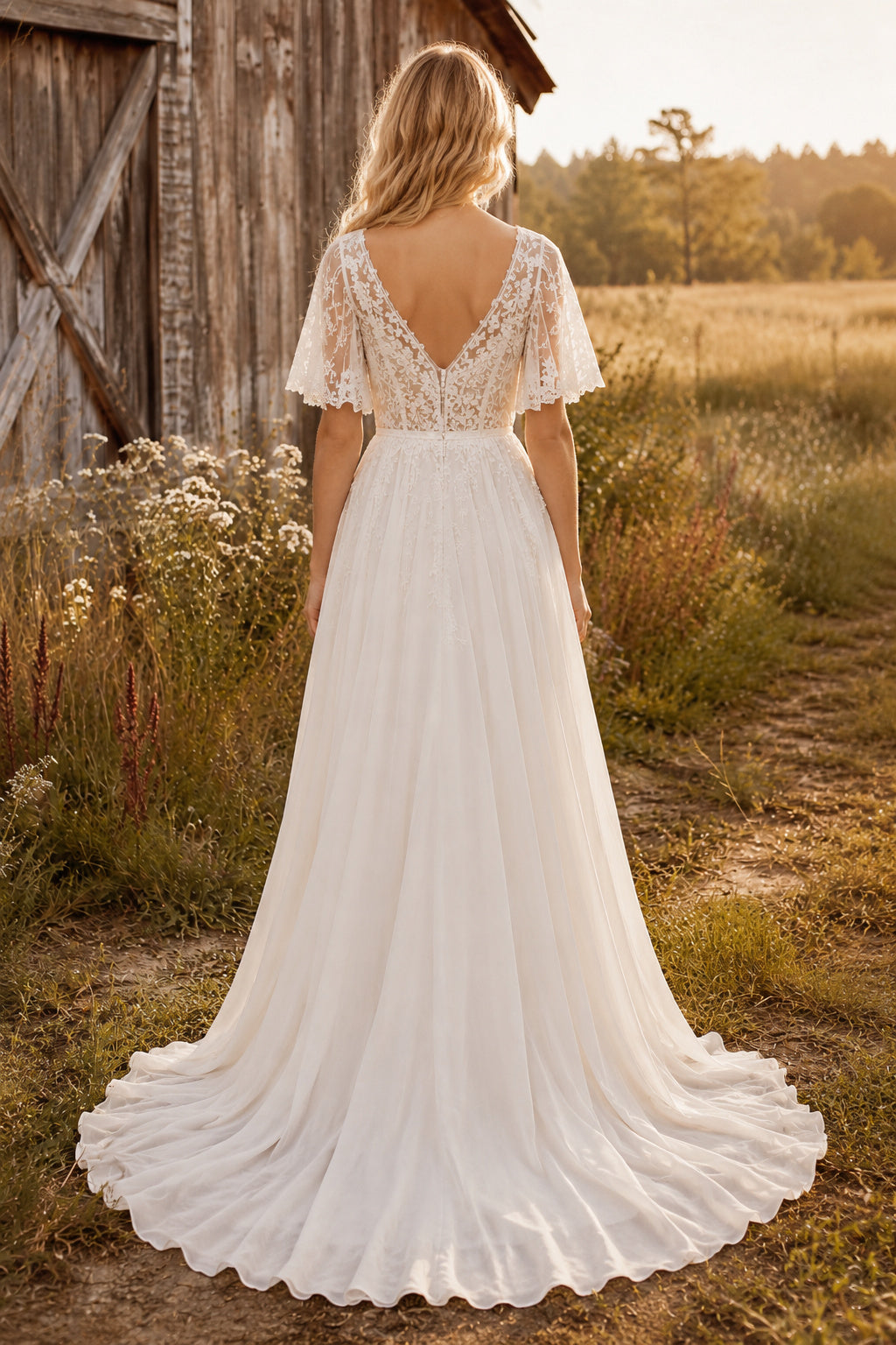 Flutter Sleeve V-Neck A-Line Wedding Dress with Lace Bodice and Chiffon Train for Beach Garden Ceremony back view