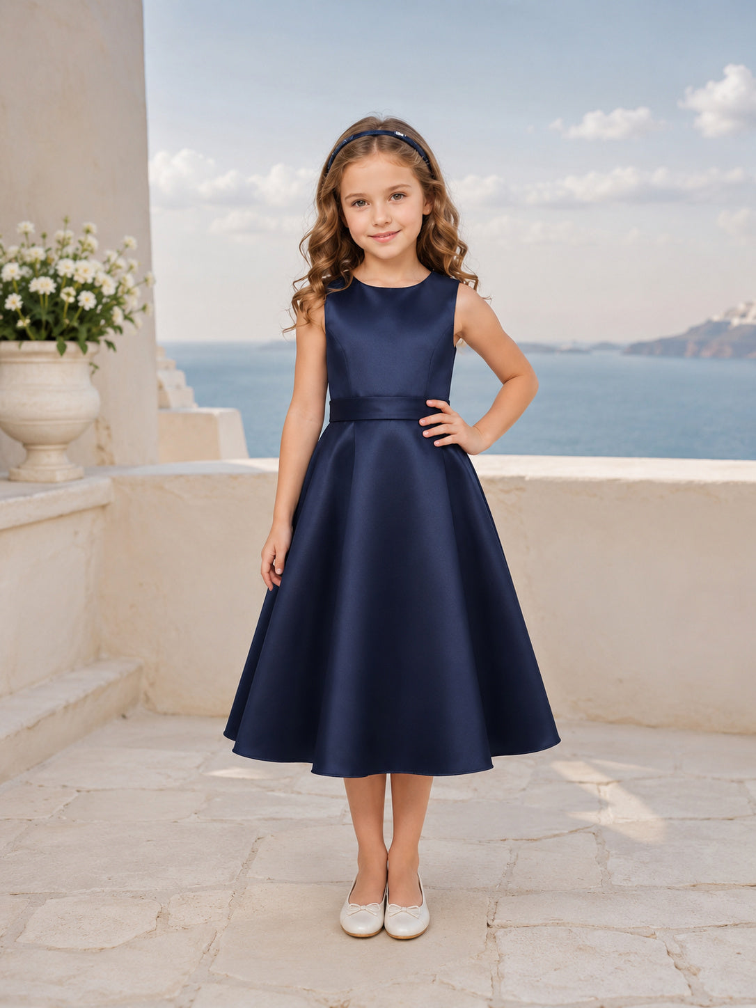 Flower Girl Dress Dark Navy Satin A-Line Sleeveless Jewel Neck Tea Length front view