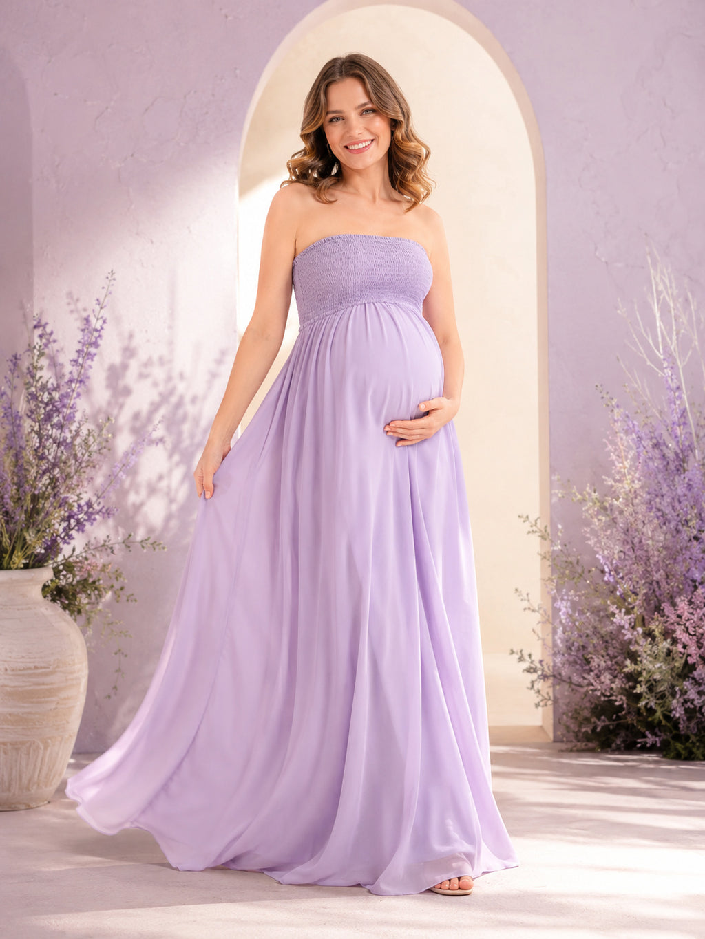 Lilac Maternity Strapless Empire A-Line Chiffon Floor Length Romantic Bridesmaid Dress front view