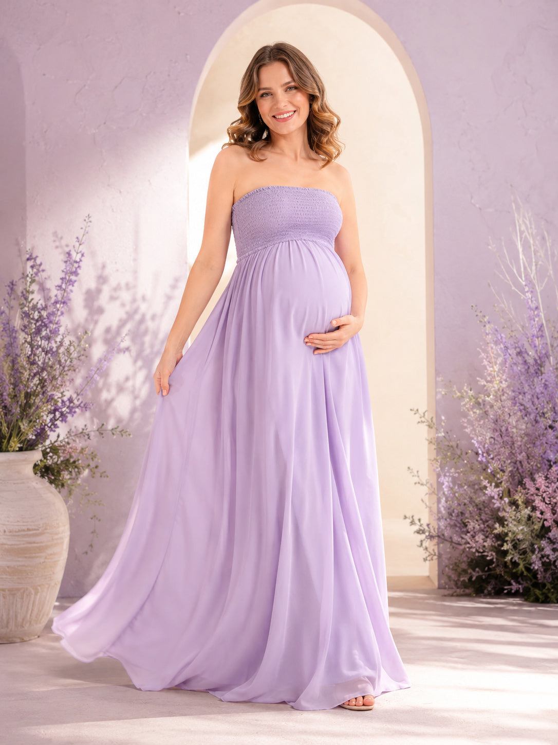 Lilac Maternity Strapless Empire A-Line Chiffon Floor Length Romantic Bridesmaid Dress front view