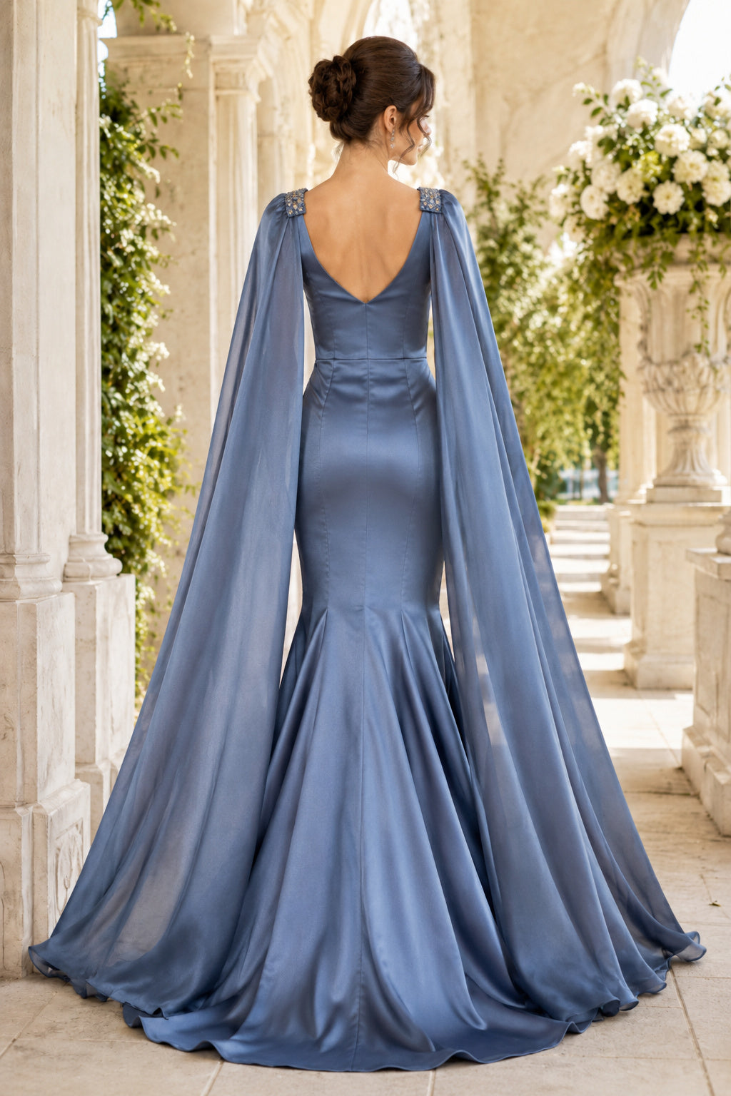 Evening Gown Slate Blue Satin Mermaid V-Neck Sleeveless with Slit Sweep Train back view