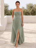 Sage strapless ruched chiffon A-line floor gown slit front view